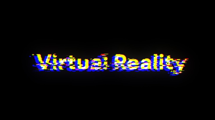 Foto renderización 3d de texto de realidad virtual con efectos de pantalla de fallas tecnológicas