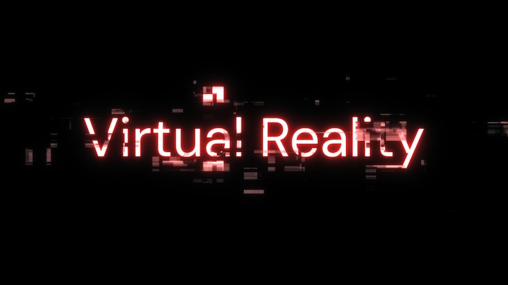 Foto renderización 3d de texto de realidad virtual con efectos de pantalla de fallas tecnológicas