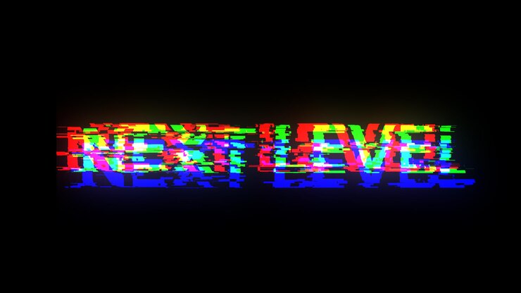 Foto renderización 3d de texto de siguiente nivel con efectos de pantalla de fallas tecnológicas