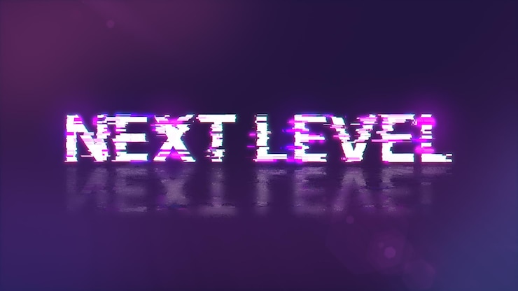 Foto renderización 3d de texto de siguiente nivel con efectos de pantalla de fallas tecnológicas