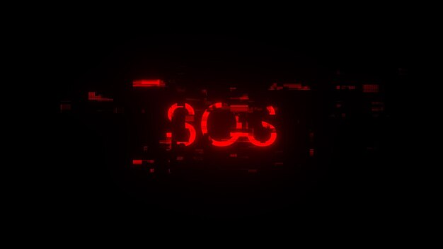 Renderización 3D de texto SOS con efectos de pantalla de fallas tecnológicas