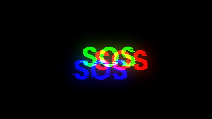 Foto renderización 3d de texto sos con efectos de pantalla de fallas tecnológicas