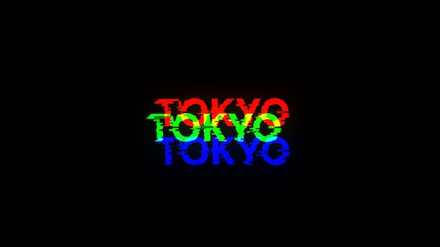 Renderización 3D del texto de Tokio con efectos de pantalla de fallas tecnológicas