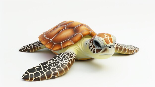 Renderización 3D de una tortuga marina linda y realista La tortuga tiene una concha marrón claro con manchas marrón oscuro y un vientre amarillo