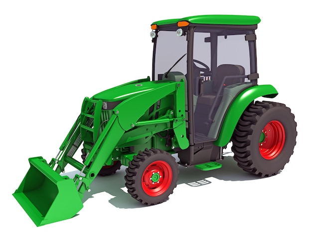 Renderización 3D del tractor agrícola sobre un fondo blanco