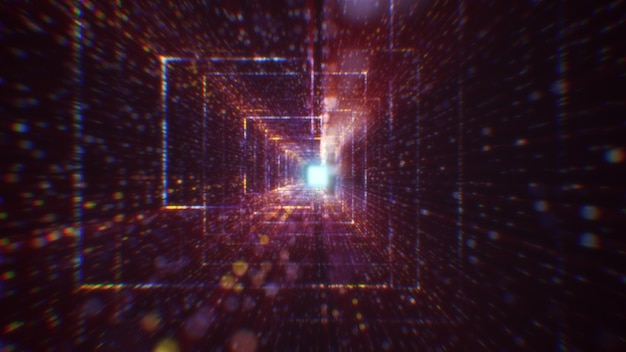 Renderización 3D de un túnel digital abstracto en el ciberespacio hecho de partículas