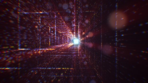 Renderización 3D de un túnel digital abstracto en el ciberespacio hecho de partículas