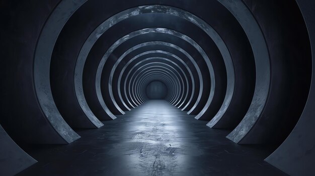 Renderización 3D de un túnel futurista oscuro con una luz azul brillante al final