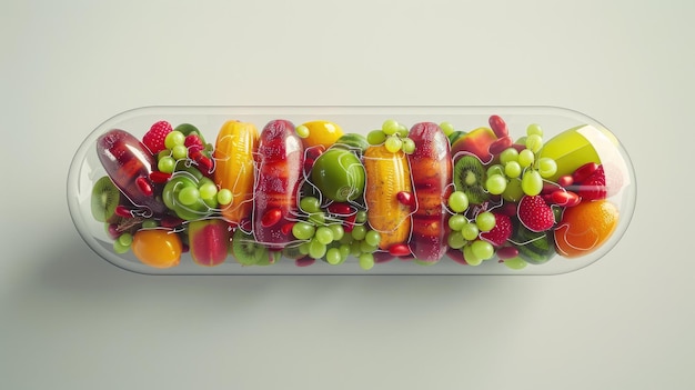 Renderización 3D ultra realista de una píldora llena de varias frutas y verduras en un fondo gris