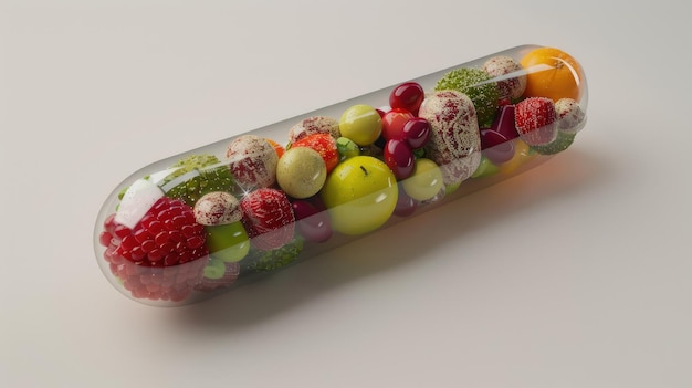 Renderización 3D ultra realista de una píldora llena de varias frutas y verduras en un fondo gris