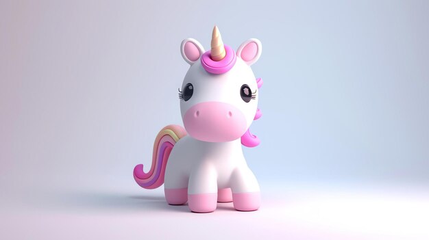 Renderización 3D de un unicornio lindo y colorido El unicornio es blanco con una melena y cola rosas y tiene un cuerno y pezuñas dorados