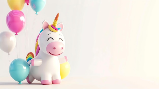 Foto renderización 3d de un unicornio lindo y colorido el unicornio está de pie sobre un fondo blanco y está rodeado de globos