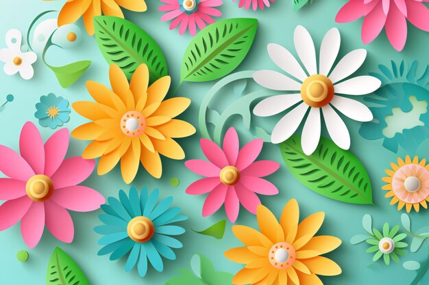 Renderización 3D de varias flores de estilo silueta Ilustración del concepto de arte de corte de papel de primavera