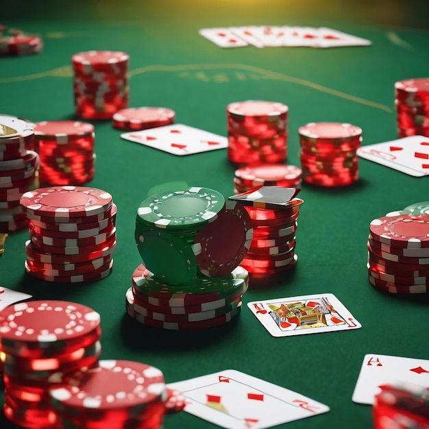 Renderización 3D de varios objetos de casino, cubos, fichas y cartas de juego sobre un fondo de mesa verde.