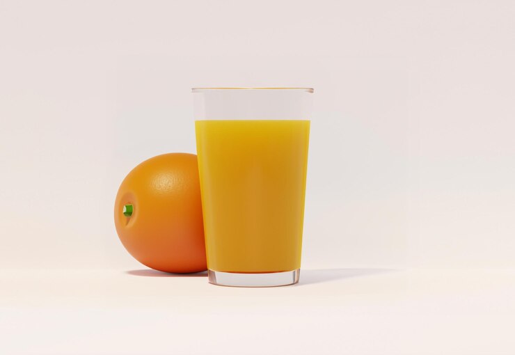 Renderización en 3D de un vaso de jugo de naranja con naranja
