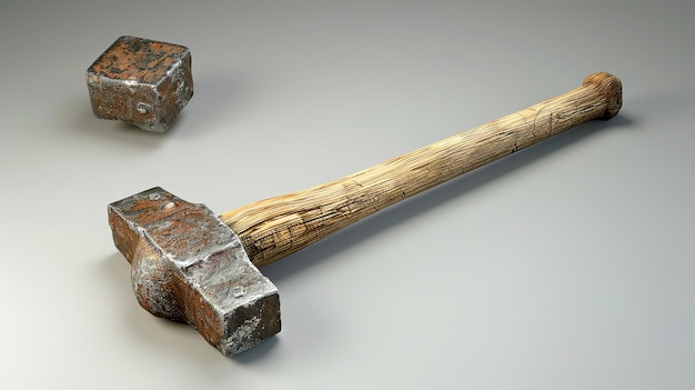 Renderización 3D de un viejo martillo oxidado con un mango de madera sobre un fondo blanco El martillo está tendido de costado con la cabeza hacia el espectador