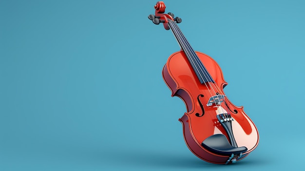 Foto renderización 3d de un violín rojo colocado contra un fondo azul en una vista de ángulo de 34