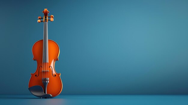 Foto renderización 3d de un violín sobre un fondo azul el violín está en el centro de la imagen y está frente al espectador