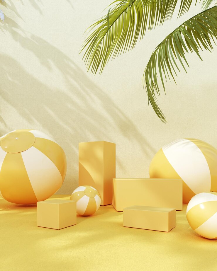 Renderización en 3D de vitrinas de podio de verano con pelotas de playa y un paraguas sobre fondo amarillo