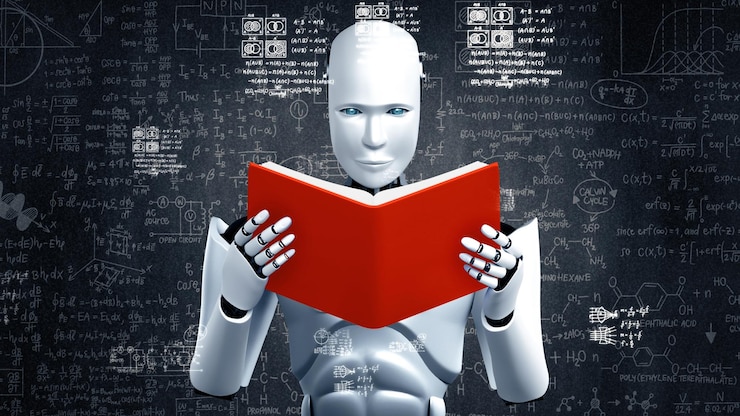 Foto renderización 3d de xai de un robot hominoide leyendo libros y resolviendo matemáticas