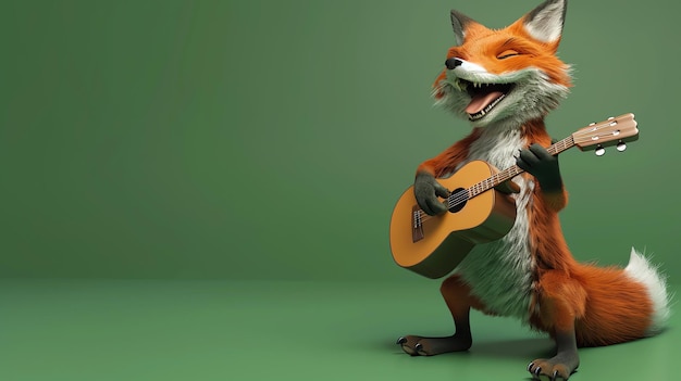 Renderización 3D de un zorro de dibujos animados feliz tocando una guitarra acústica y cantando