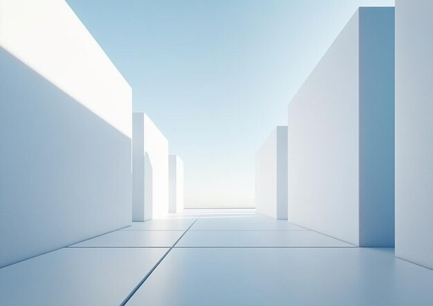 Renderización abstracta en 3D de una escena espacial arquitectónica de estilo minimalista