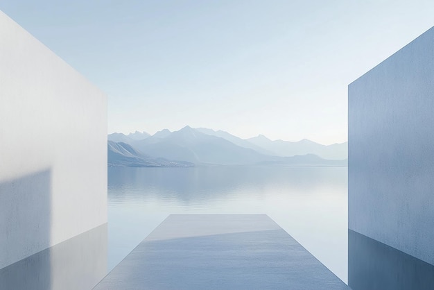 Renderización abstracta en 3D de una escena espacial arquitectónica de estilo minimalista