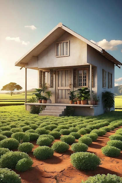 Renderización agro 3D de la casa de la granja Plantatin al atardecer Paisaje urbano de fondo