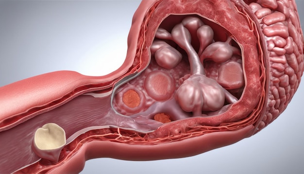 Renderización anatómica en 3D de un estómago humano con estructuras internas detalladas