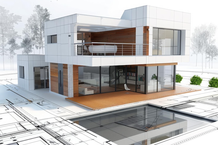 Foto renderización cad 3d por computadora de un plan de casa mockup del diseño de la casa en cad 3d dibujo en revit