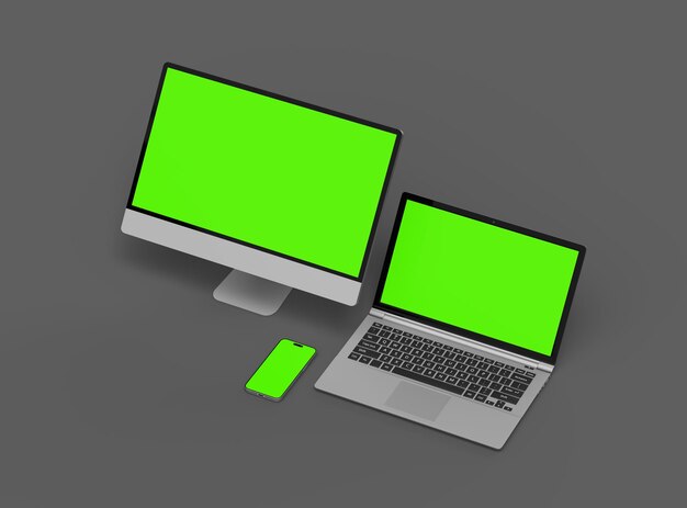 Renderización de computadora portátil de escritorio y teléfono inteligente con pantalla verde sobre un fondo oscuro