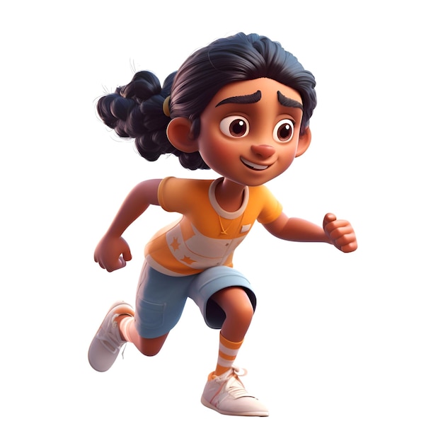 Renderización digital en 3D de una niña pequeña corriendo aislada sobre un fondo blanco