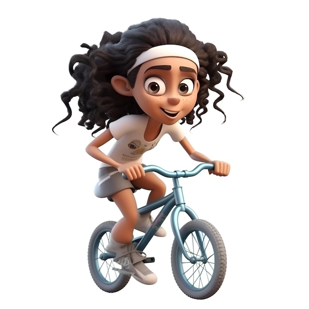 Renderización digital en 3D de una niña pequeña montando una bicicleta aislada sobre un fondo blanco