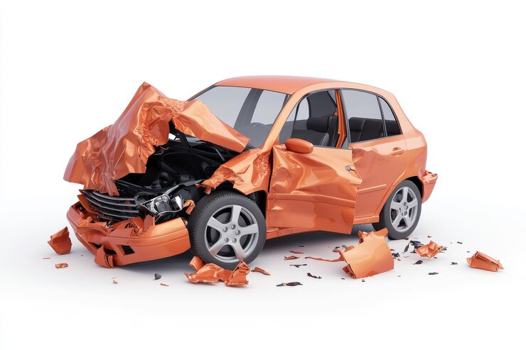Renderización digital isométrica detallada de un accidente automovilístico en la carretera con daños realistas
