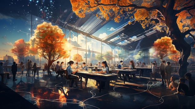 Renderización e ilustración de personas de negocios en una oficina moderna con árboles