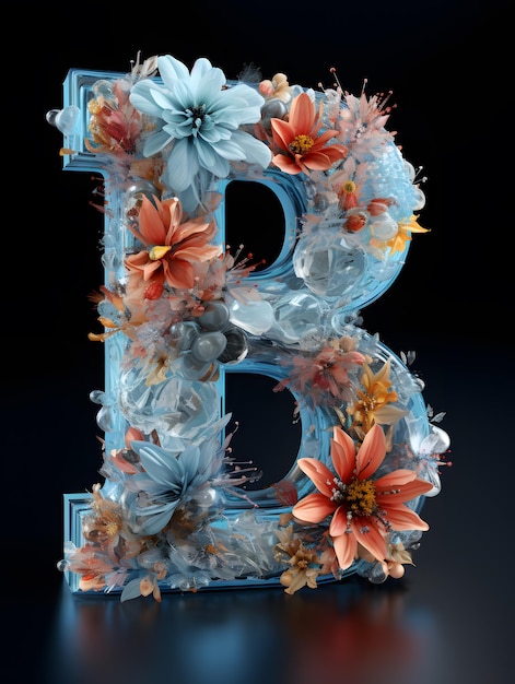 Foto renderización estéreo de diseño 3d de una sola letra inglesa compuesta de margaritas y hielo y nieve