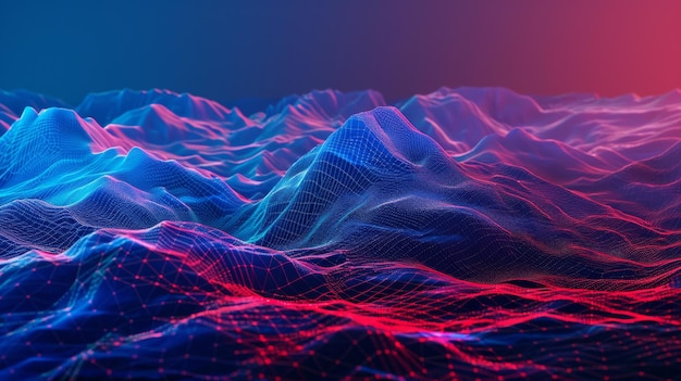 Renderización de un fondo de tecnología cibernética abstracta roja y azul Montañas Wireframe en un paisaje de realidad virtual