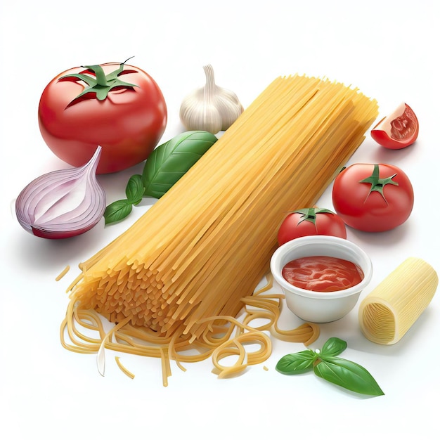 Renderización fotográfica 3D realista de cuerdas de espagueti con verduras