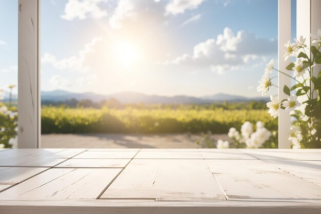 Renderización de fotos 3D de una mesa de madera blanca mirando hacia un sol desfocalizado