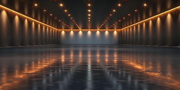 Renderización de una habitación con focos empotrados que iluminan el techo por la noche Diseño de habitaciones conceptuales Iluminación empotrada Ambiente nocturno Renderización 3D