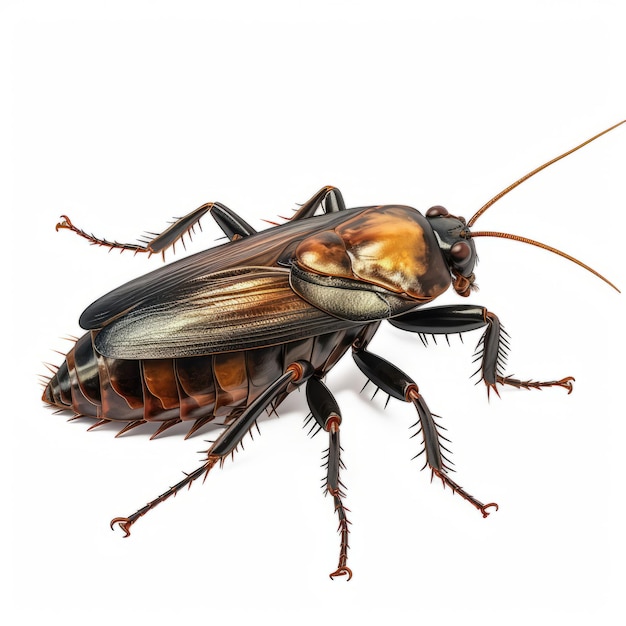 Renderización hiperrealista en 3D de una cucaracha macho sobre un fondo transparente