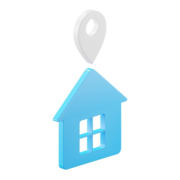 Renderización de iconos 3D de la casa y el pin de ubicación aislado de fondo