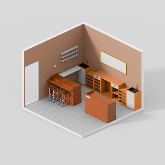 Renderización isométrica en 3D de una moderna barra de cocina con muebles