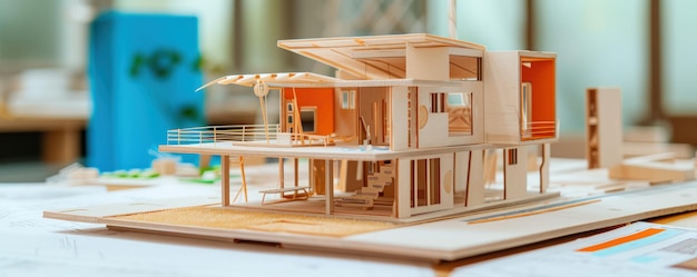 Renderización de modelo de sección en miniatura 3D de una casa de la ciudad blanca de estilo contemporáneo minimalista generada por la IA