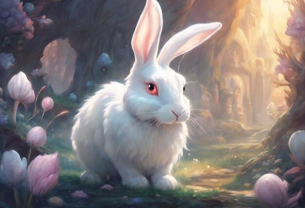 Foto renderización de un mundo de fantasía de dibujos animados con un lindo conejo blanco para el día de pascua