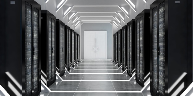 Renderización de un pasillo vacío o diseño interior de un edificio con efecto de luz