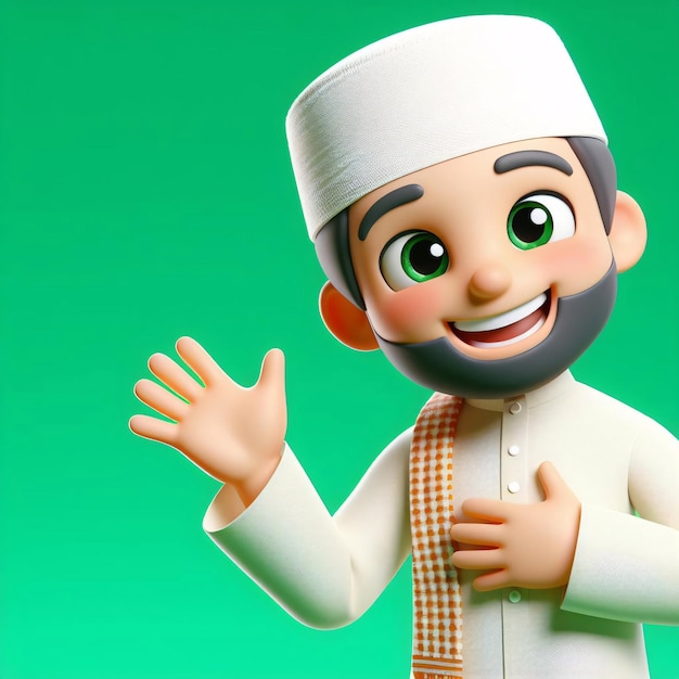 Renderización de personajes en 3D Musulmán feliz en el Ramadán Cabello realista Gradiente verde Fondo Pixar Influ