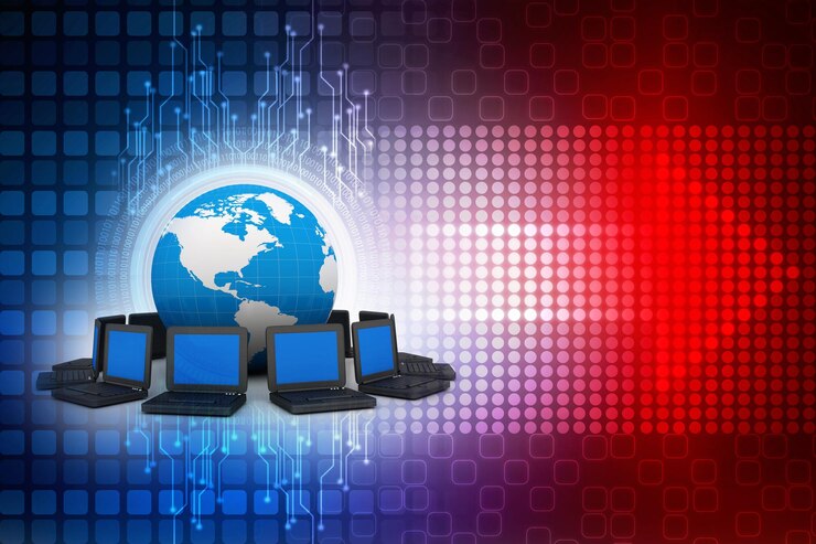 Foto renderización de la red de computadoras en 3d