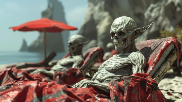 Renderizações 3d de vampiros tomando banho de sol em um resort de praia