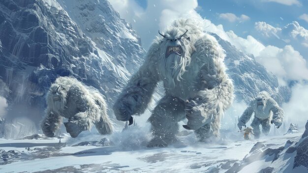 Renderizações 3d de yetis fazendo uma luta de bolas de neve no himalaia